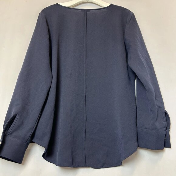 Ann Taylor Roll Tab Long Sleeve V-Neck Blouse Women's Size Medium Navy - Picture 2 of 12